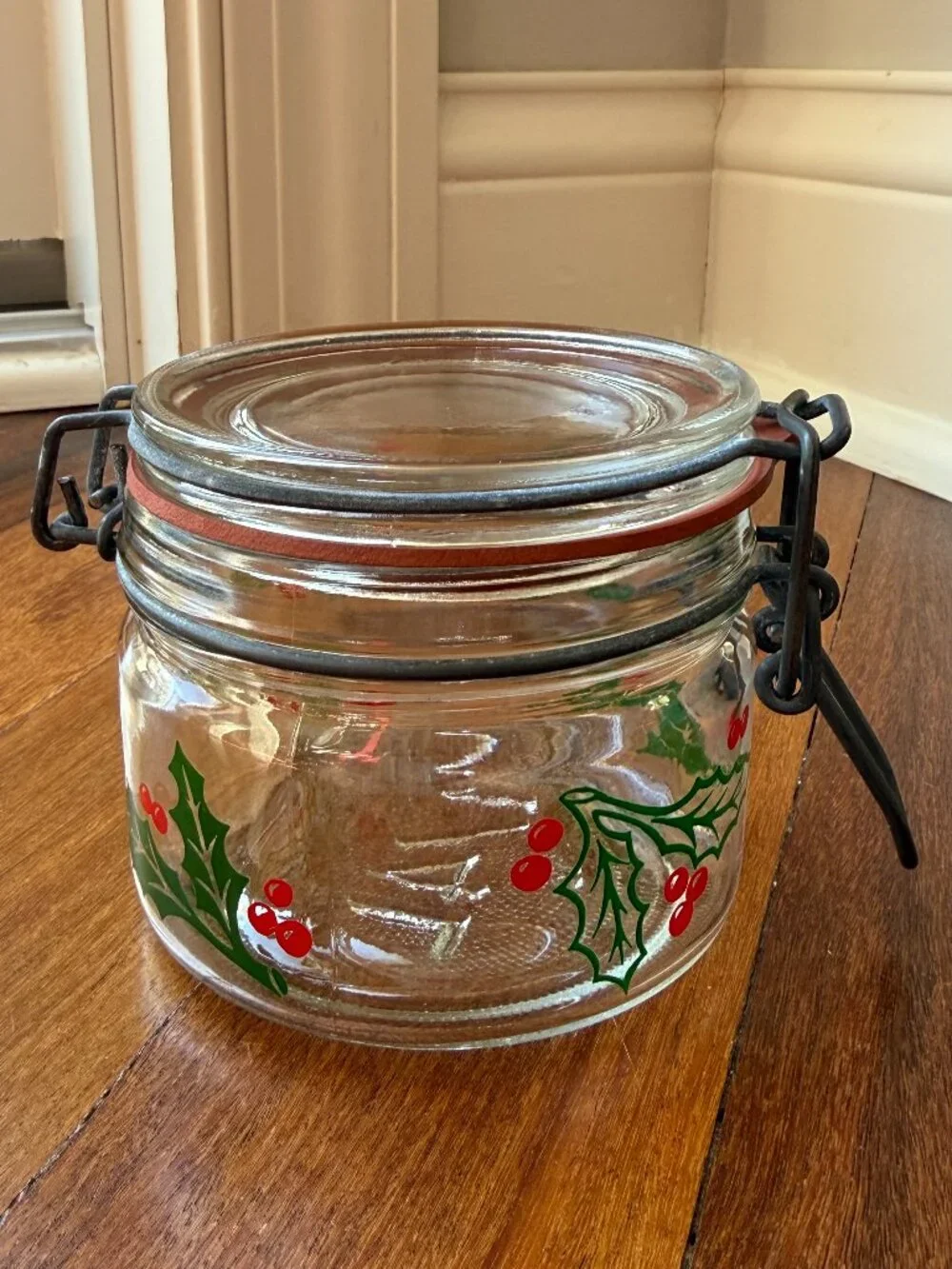Vintage Glass Hinged Holly / Berries Christmas 1/4 liter Glass Jar